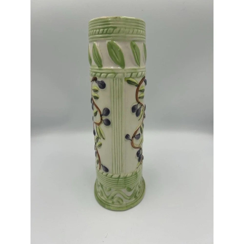 Majolica Style Olive Vine Cylinder Vase